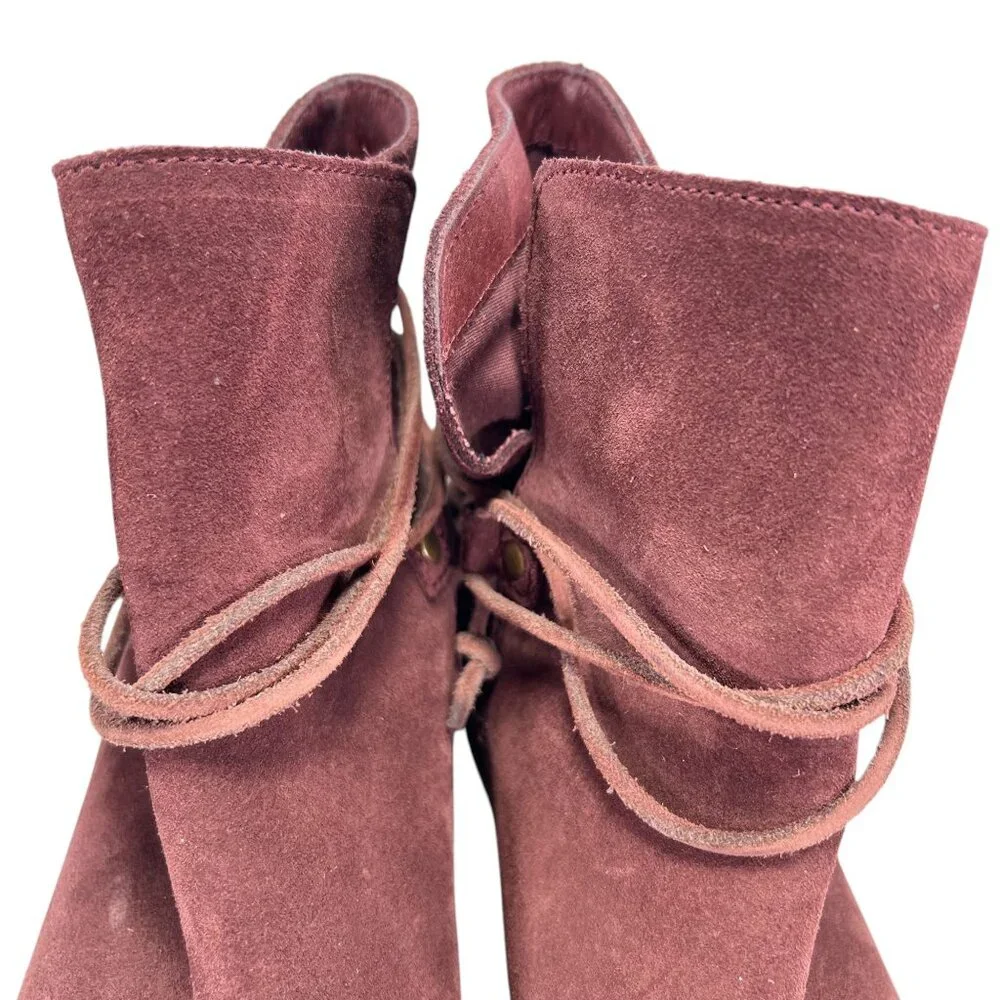 Sorel Womens Burgundy Suede Ankle Boots Wraparound Tassel Laces Low Block Heel - Picture 10 of 16